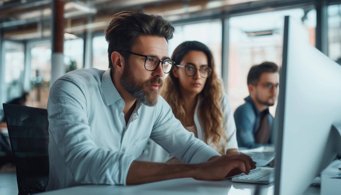 people in office looking at a computer while discussing-1