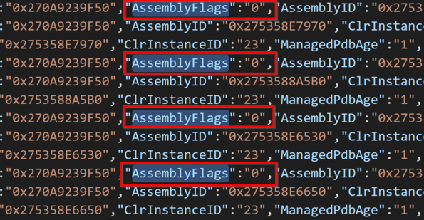 A screenshot of a snippet of Microsoft-Windows-DotNETRuntimeRundown showing a snapshot of loaded .NET modules. The AssemblyFlags field is highlighted, and all fields show a value of “0”.