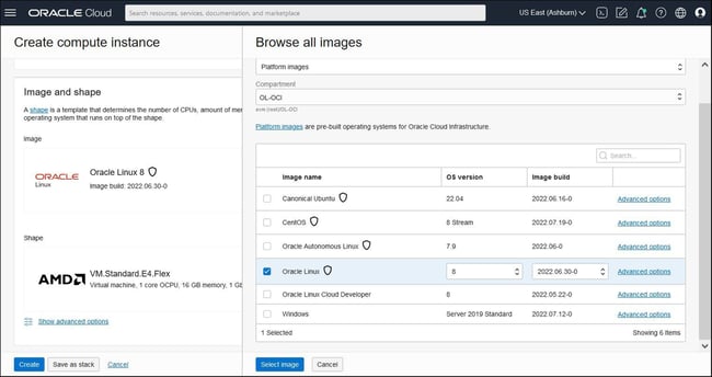 A screenshot of the Create compute instance page for browsing Oracle Linux instances.