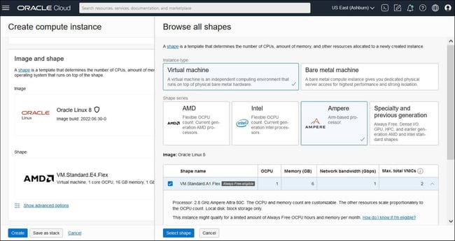 A screenshot of the Create Compute Instance page showing the options for creating an Oracle Linux Arm instance in OCI.