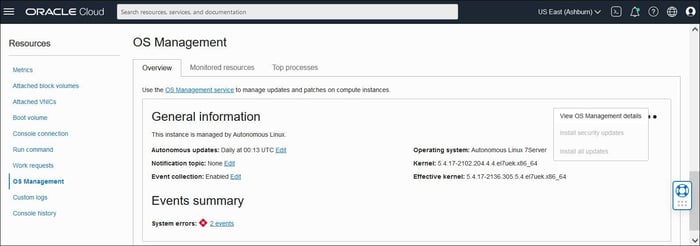 A screenshot of the Autonomous Linux dashboard in OS Management service.