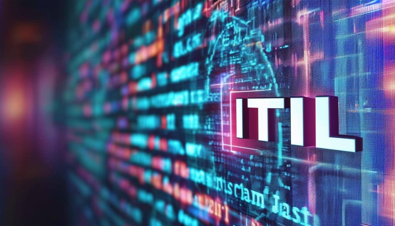 ITIL shown with a colorful tech and coding background