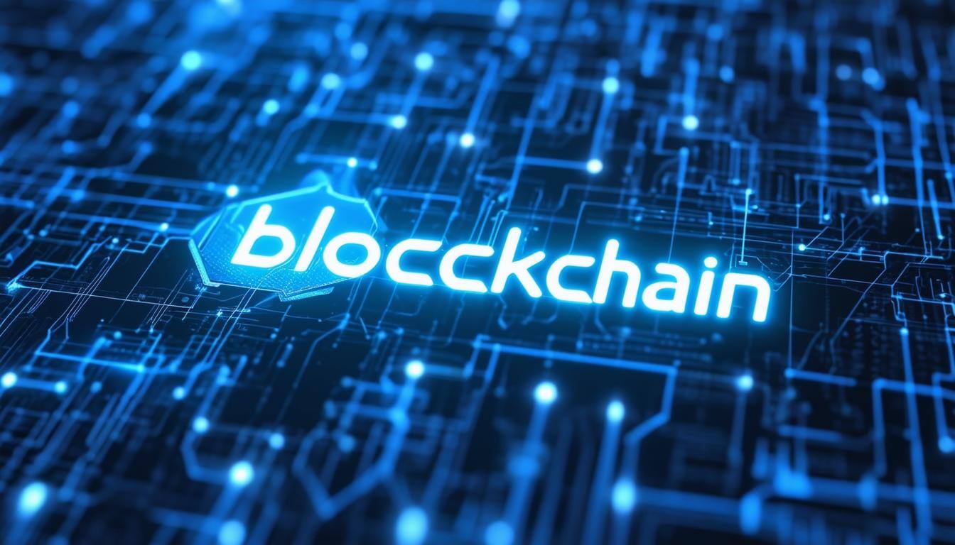 blockchain text in front of tech-y blue background