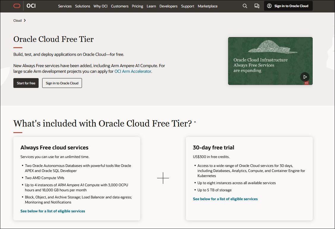 A screenshot of the Oracle Cloud Free Tier page.