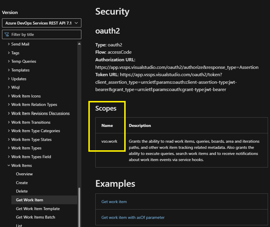 PAT Scope in REST API Docs Example